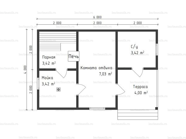 Планировка одноэтажной бани 4х6