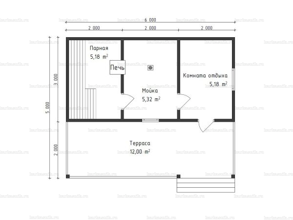 Планировка одноэтажной бани 5х6