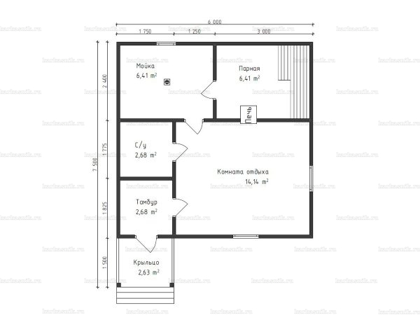 Планировка одноэтажной бани 6х6