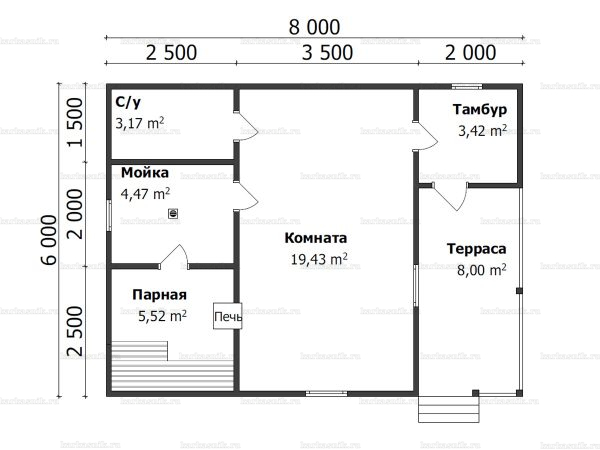 Планировка одноэтажной бани 6х8