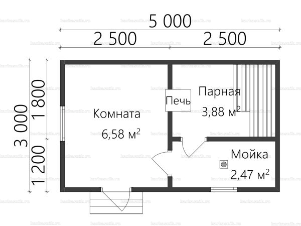Планировка одноэтажной бани 3х5