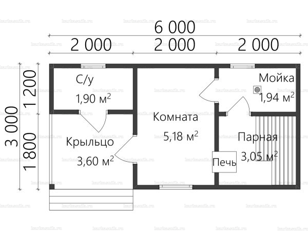 Планировка одноэтажной бани 3х6