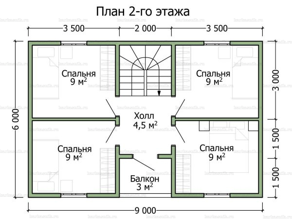 План второго этажа двухэтажного дома 9х7