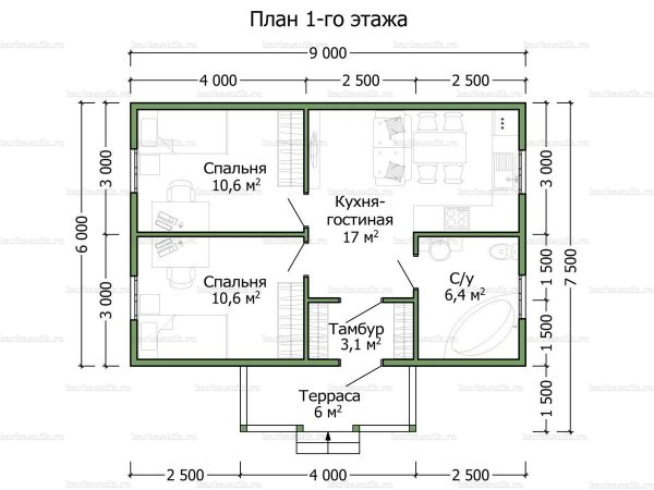 Схема планировки каркасного дома 6х9 в Новое Трубино