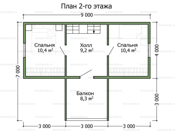 План второго этажа дома с мансардой 8х9