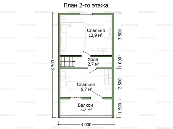 План второго этажа дома с мансардой 8.5х9