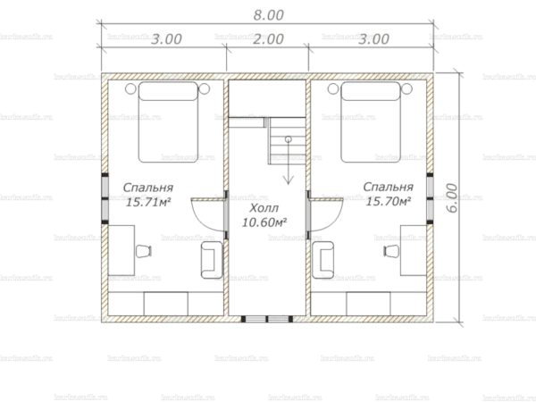 План второго этажа двухэтажного дома 8х6