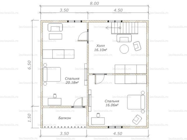 План второго этажа дома с мансардой двухэтажного дома 8х8