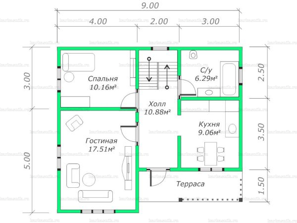 Планировка двухэтажного дома 9х8