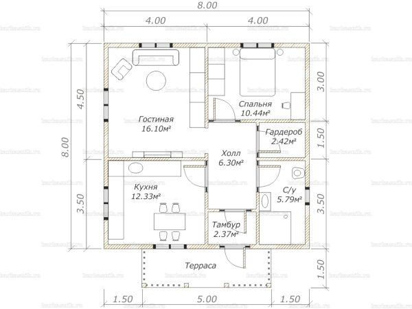 Планировка одноэтажного дома 8х8
