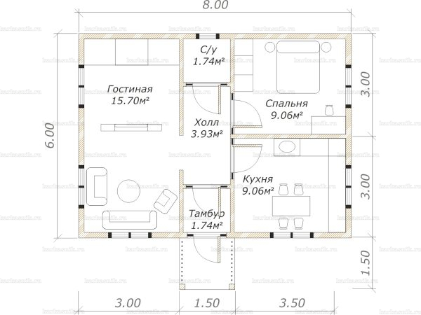 Схема планировки каркасного дома 8х6 в Балашихе