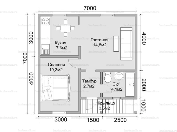 Планировка одноэтажного дома 7х7