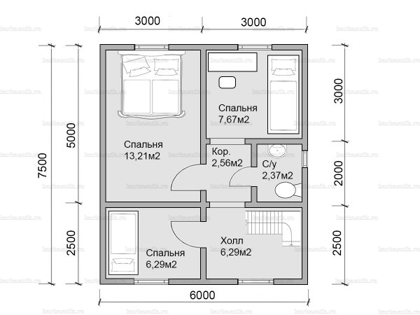 План второго этажа двухэтажного дома 9х7.5