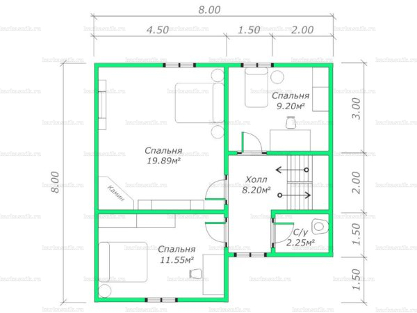 План второго этажа двухэтажного дома 8х8