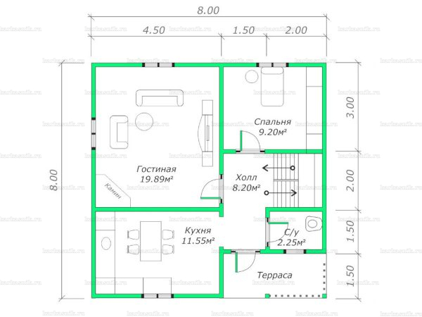 Планировка двухэтажного дома 8х8
