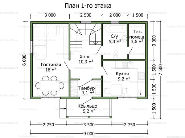 Схема планировки каркасного коттеджа 6х9 с террасой и балконом в два этажа