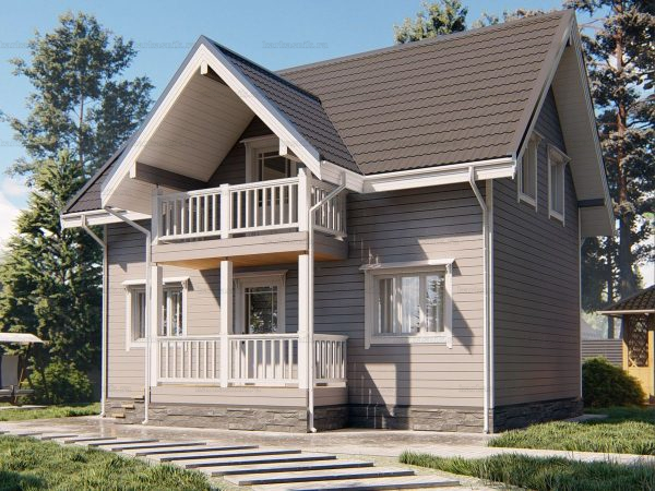3D-проект двухэтажного каркасного дома 6х9 с двухскатной крышей и террасой