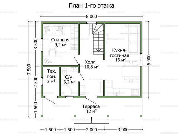 Планировка двухэтажного дома 8х6