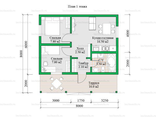 Планировка одноэтажного дома 6х8