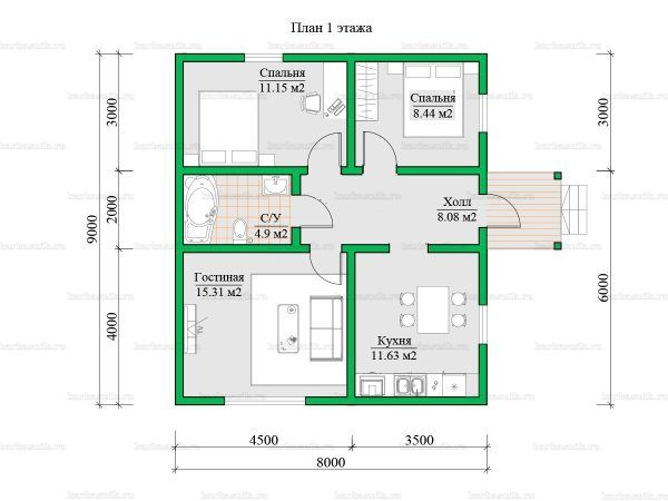 Планировка одноэтажного дома 8х9