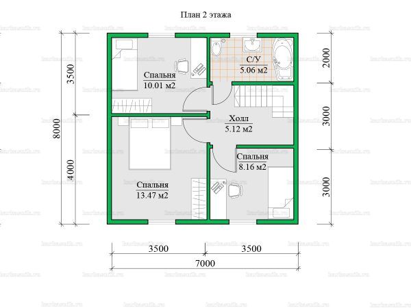 План второго этажа двухэтажного дома 7х8